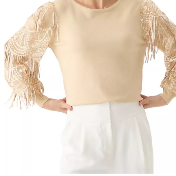 NWT Joseph A. Women's Mixed Media Lace Sequins Sleeve Sweater Khaki Size Large - Picture 3 of 6
